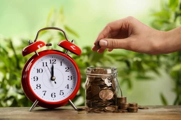 Fotobehang Woman putting coin into glass jar and red alarm clock on wooden table, closeup. Money savings © New Africa