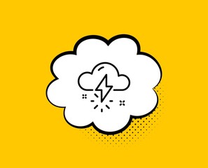 Thunderstorm weather line icon. Comic speech bubble. Thunderbolt with cloud sign. Bad day symbol. Yellow background with chat bubble. Thunderstorm weather icon. Colorful banner. Vector