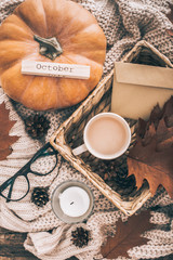 Fototapeta na wymiar Cup of cocoa, nuts, pumpkin, glasses, dried autumn leaves on sweater background. Autumn composition.