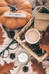 Cup of cocoa, nuts, pumpkin, glasses, dried autumn leaves on sweater background. Autumn composition.