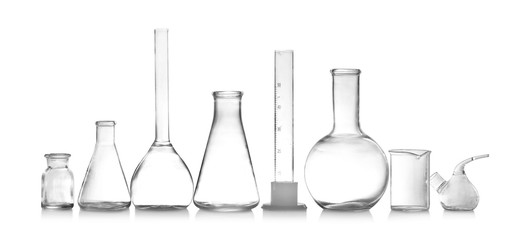 Laboratory glassware isolated on white. Chemical analysis