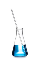 Conical flask with blue liquid isolated on white. Laboratory glassware