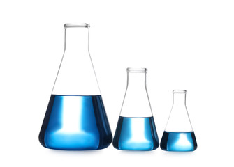 Conical flasks with blue liquid isolated on white. Laboratory glassware