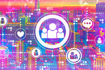 Social media theme with downtown San Francisco skyline buildings