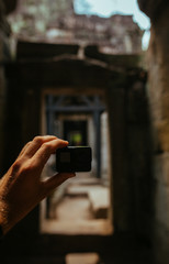 Selfie with Action vcamera in Angkor Wat Temple in Cambodia