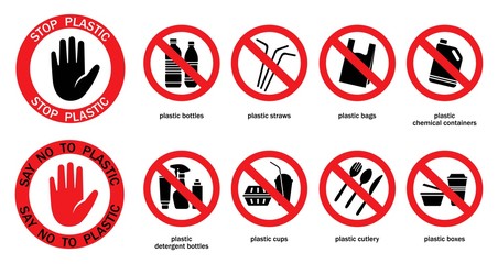 Say no to plastic. Stop plastic. Stop using single use plastic bags, straws, bottles and cups. Protest against plastic garbage.  Icon set. Isolation. Vector  - 300244181