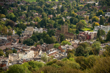 Fototapeta na wymiar View of Malvern town from the Malvern Hills Worcestershire England
