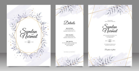 Fototapeta na wymiar monochrome leaves wedding invitation set design with golden striped