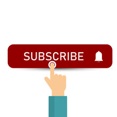 Subscribe, bell button and hand cursor. Red button subscribe to channel, blog. Subscribe button icon. Vector illustration. Business concept subscribe pictogram.