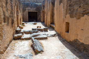 Cyprus. Kato Paphos Archaeological park. Tombs of the Kings in Paphos. Archaeological park in sunny weather. The old part of Paphos. Corridor. The walls of the huts. Cruise to Cyprus.