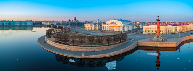 Naklejka premium Russia. Saint Petersburg. Vasilievsky island. Rostral columns. Arrow of Vasilyevsky Island. St. Isaac's Cathedral. St. Petersburg aerial view. Traveling in Russia. Winter in Petersburg. Excursions