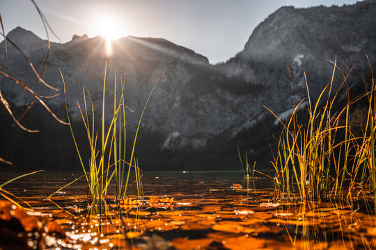 small langbathlake in ebensee Austria during autumn, amazing mountain landscape
