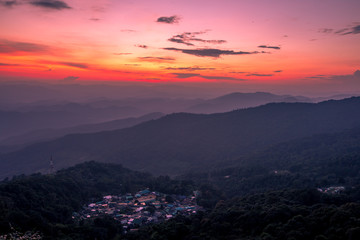 Natural scenery background, high angle on the top of the hill, can see a variety of mountains, various plants, blurred through the wind while watching nature, seen in rural tourist attractions.
