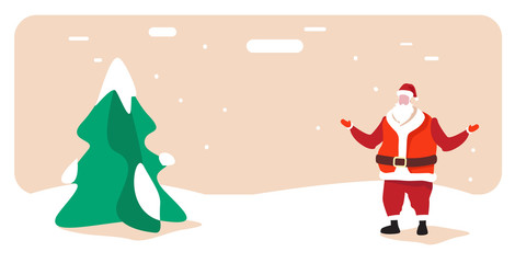 santa claus standing near fir tree merry christmas happy new year holiday celebration concept greeting card winter snowy landscape background horizontal full length vector illustration