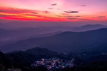 Natural scenery background, high angle on the top of the hill, can see a variety of mountains, various plants, blurred through the wind while watching nature, seen in rural tourist attractions.