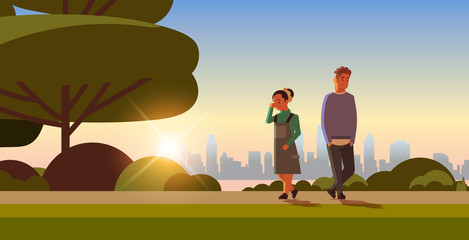 unhappy sad couple in depression having relationship problem life crisis divorce concept man woman breaking up relation sunset cityscape background flat horizontal full length vector illustration