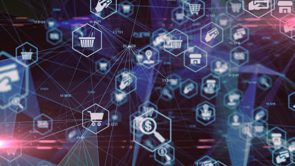 Online shopping connecting buyer with sellers conceptual nodes - Illustration render