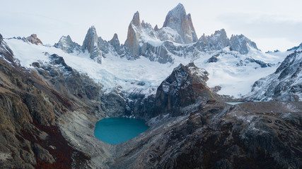 Aerial view of the mountains and Fitz Roy Peak in Los Glaciares National Park. Argentina Autumn