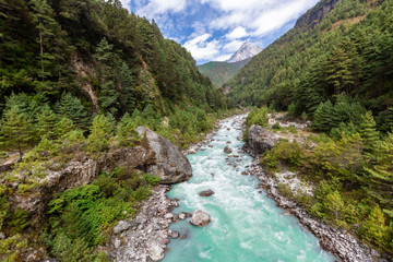 Suspention bridge on the Everest Base Camp Trek, Himalaya mountains, Sagarmatha National Park,...