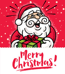 Merry Christmas! Retro Santa Claus carrying Christmas gifts in Christmas snow background. - vector mascot