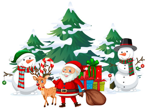 Santa and snowman with many presents