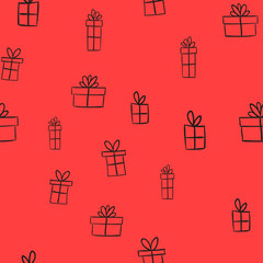 Gift box doodles seamless pattern. Christmas present background texture.