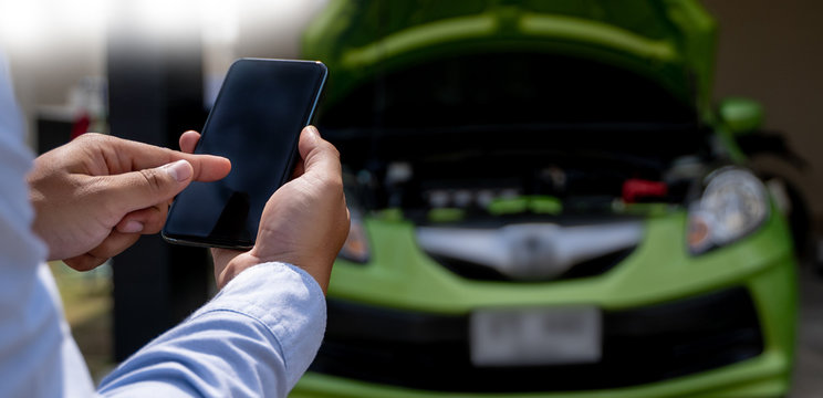 Man Using A Mobile Phone Call To  Assistance Help With A Broken Down Car Assist Stop Car Roadside Breakdown