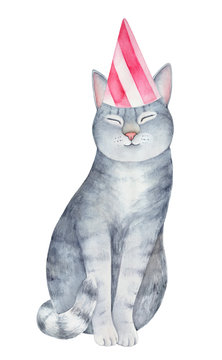 Cute Fluffy Cheerful Tabby Kitten Wearing Birthday Party Cone Hat With Pink Striped Pattern. Hand Painted Watercolour Graphic Drawing On White Background, Cutout Clipart Element For Design Decoration.