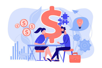 Salesperson suggesting a solution idea to consumers problem. Consultative sales, customer-oriented selling, trendy sales method concept. Pink coral blue vector isolated illustration