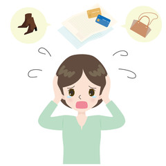 Illustration of woman crying on shoes and bag, credit card bill and scatter.