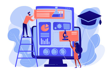 Educational courses management software on computer screen. Learning management system, educational technology, online learning delivery concept. Pinkish coral bluevector isolated illustration