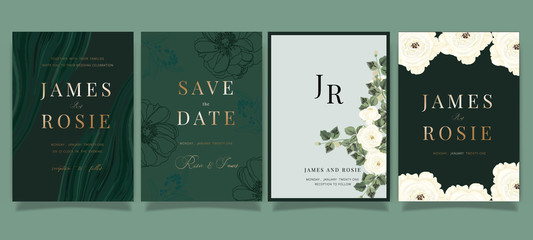 Mix Emerald green Luxury Wedding Invitation, floral invite thank you, rsvp modern card Design in white rose and peony with  leaf greenery  branches decorative Vector elegant rustic template