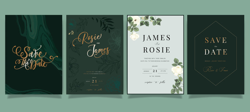 Mix Emerald green Luxury Wedding Invitation, floral invite thank you, rsvp modern card Design in white rose and peony with  leaf greenery  branches decorative Vector elegant rustic template