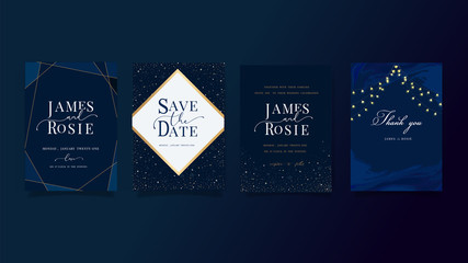 set of navy Blue Universe Wedding Invitation, universe invite thank you, rsvp modern card Design in little star light in the sky, space Vector elegant rustic template
