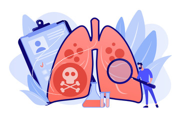Doctor with magnifier and lungs with skull and crossbones. Lower respiratory infections, pneumonia, lungs infection concept on white background. Pinkish coral bluevector vector isolated illustration