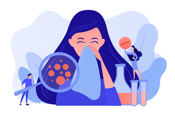 Female patient sneezing, taking a pill from doctor and allergen under magnifier. Allergic diseases, allergy reaction, antihistamines therapy concept. Pinkish coral bluevector vector isolated - obrazy, fototapety, plakaty