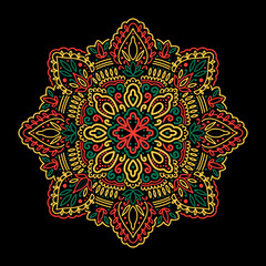 Graphic round mandala abstract isolated in black background.Boho indian shape.Ethnic oriental style.