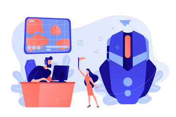 Gamer at computer using tactics to play online strategy game. Strategy online games, real-time strategy, multiplayer strategic warfare concept. Pinkish coral bluevector isolated illustration
