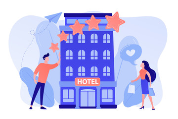 Business people with rating stars like the stylish boutique hotel. Boutique hotel, ultra-personalized service, high-end residential concept. Pinkish coral bluevector isolated illustration - obrazy, fototapety, plakaty