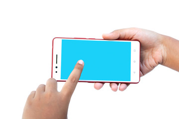 The finger is touching the smartphone screen horizontal white background texture