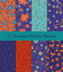 Collection of 8 seamless winter patterns. Collection in a single color scheme: blue, red. For gift wrapping. Vector graphics.