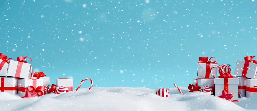 Christmas decorations with gift boxes on snowy background. 3d rendering