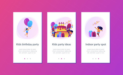 Happy kids at huge cake with candles and gift boxes celebrating birthday party. Kids birthday party, kids party ideas, indoor party spot concept. Mobile UI UX GUI template, app interface wireframe