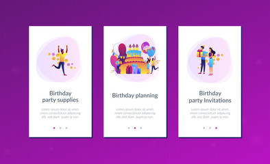 Happy people with gifts celebrating birthday at huge cake. Birthday party supplies, birthday party Invitations, birthday planning concept. Mobile UI UX GUI template, app interface wireframe