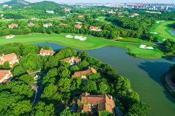 Fototapeta na wymiar Aerial view of a beautiful green golf course.high angle view.