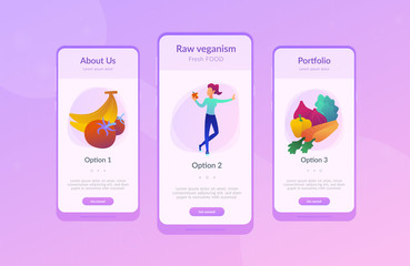 White woman among fruits, vegetables and mushrooms. Vegan raw food landing page. Raw veganism, foodism, fruitarianism, juicearianism and sproutarianism. Mobile UI UX app interface template.