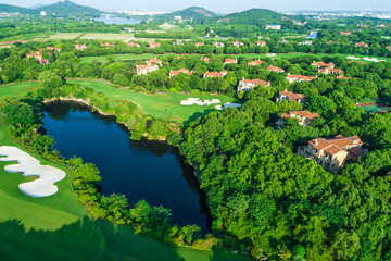 Aerial view of a beautiful green golf course.high angle view.