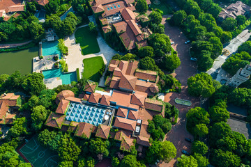 Fototapeta premium Aerial view of a beautiful green golf course.high angle view.