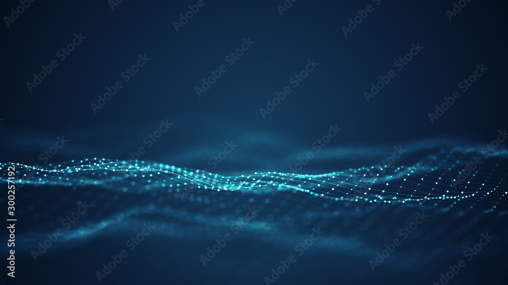 Fototapete Technology digital wave background concept.Beautiful motion waving dots texture with glowing defocused particles. Cyber or technology background.