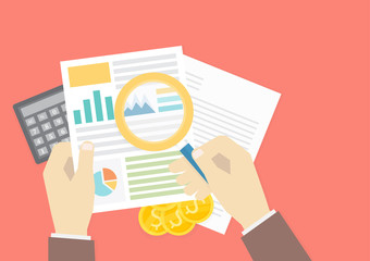 Fototapeta premium Hand hold Magnifying glass and financial graph and business analysis paper vector business for investment search